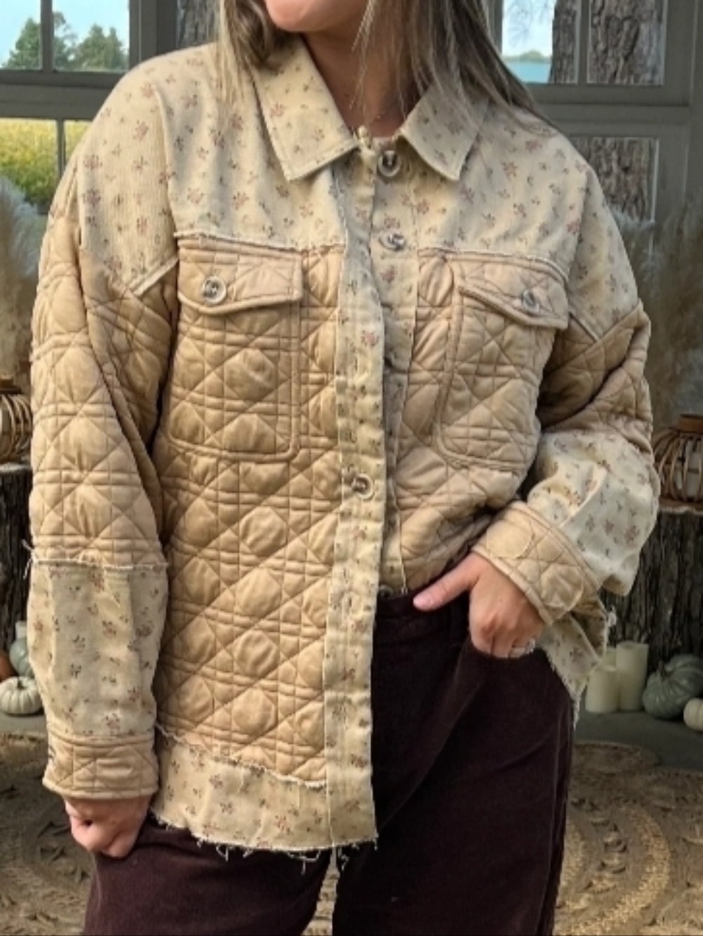 NWT - Quilted Patchwork Shacket in Beige Olive Floral In S